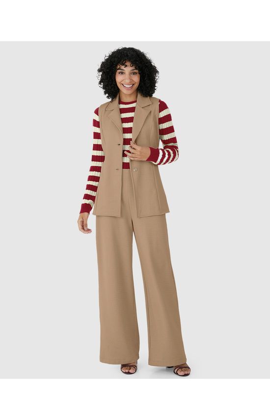 Calça Wide Leg Feminina Cintura Média Em Malha Jacquard