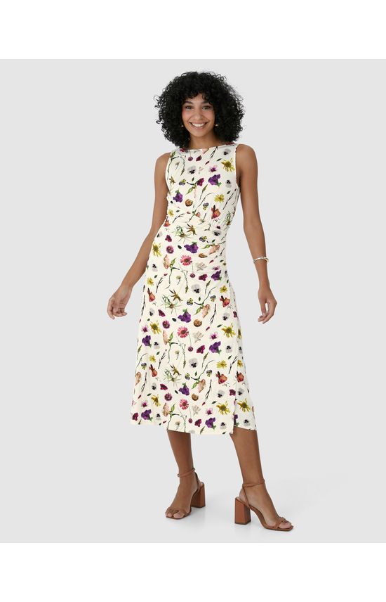 Vestido Midi Feminino Pregas Laterais Em Malha Viscolinho Stretch