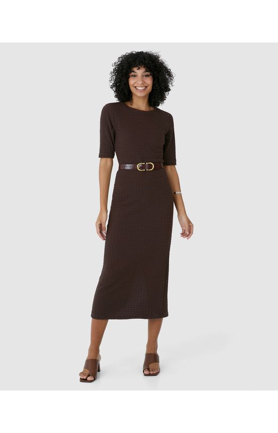 Vestido Midi Feminino Justo Decote Canoa Em Jacquard Texturizado