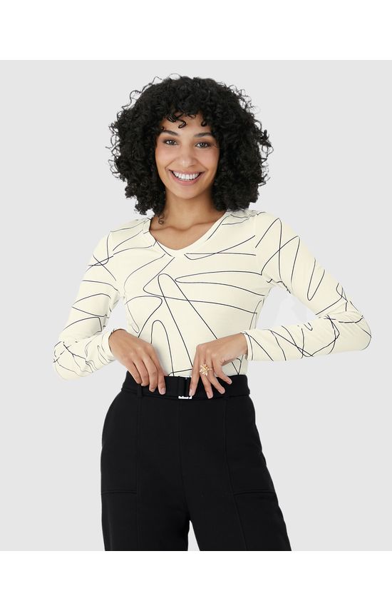 Blusa Justa Feminina Decote V Estampada Em Viscose Stretch