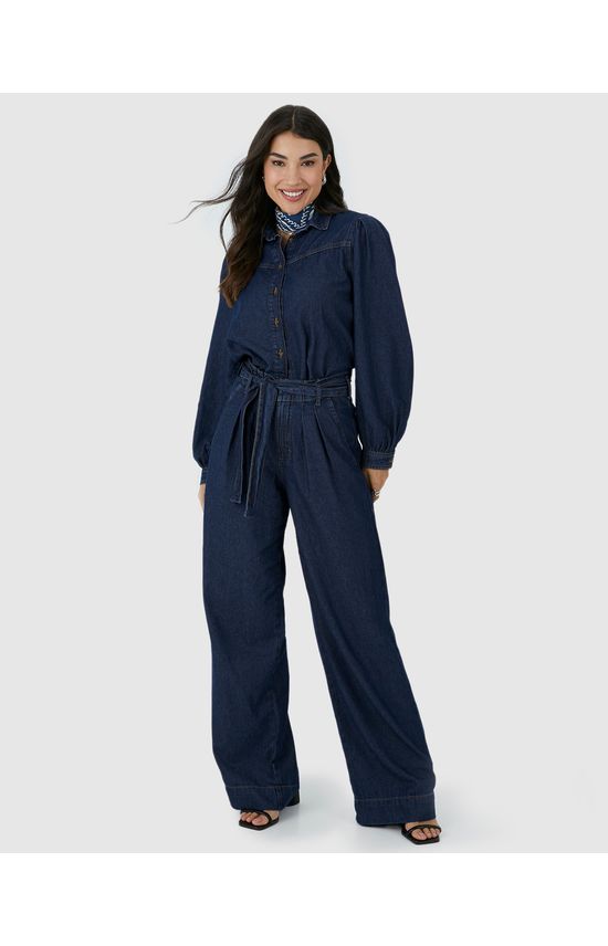 Calça Wide Leg Feminina Pregas Frontais Com Cinto Em Jeans Leve