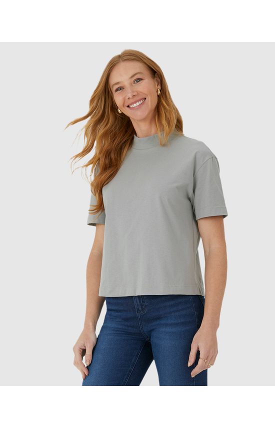 Blusa Básica Feminina Gola Alta Manga Curta Em Algodão