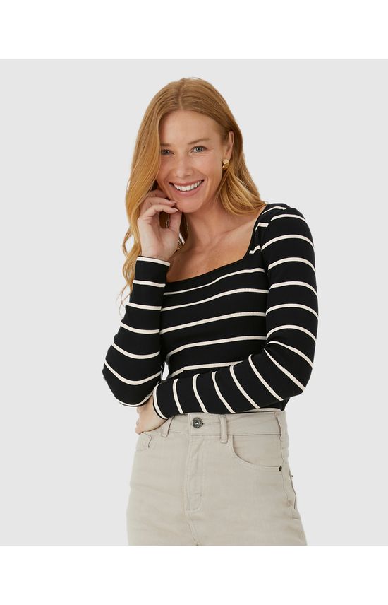 Blusa Feminina Justa Decote Quadrado Em Ribana Listrada