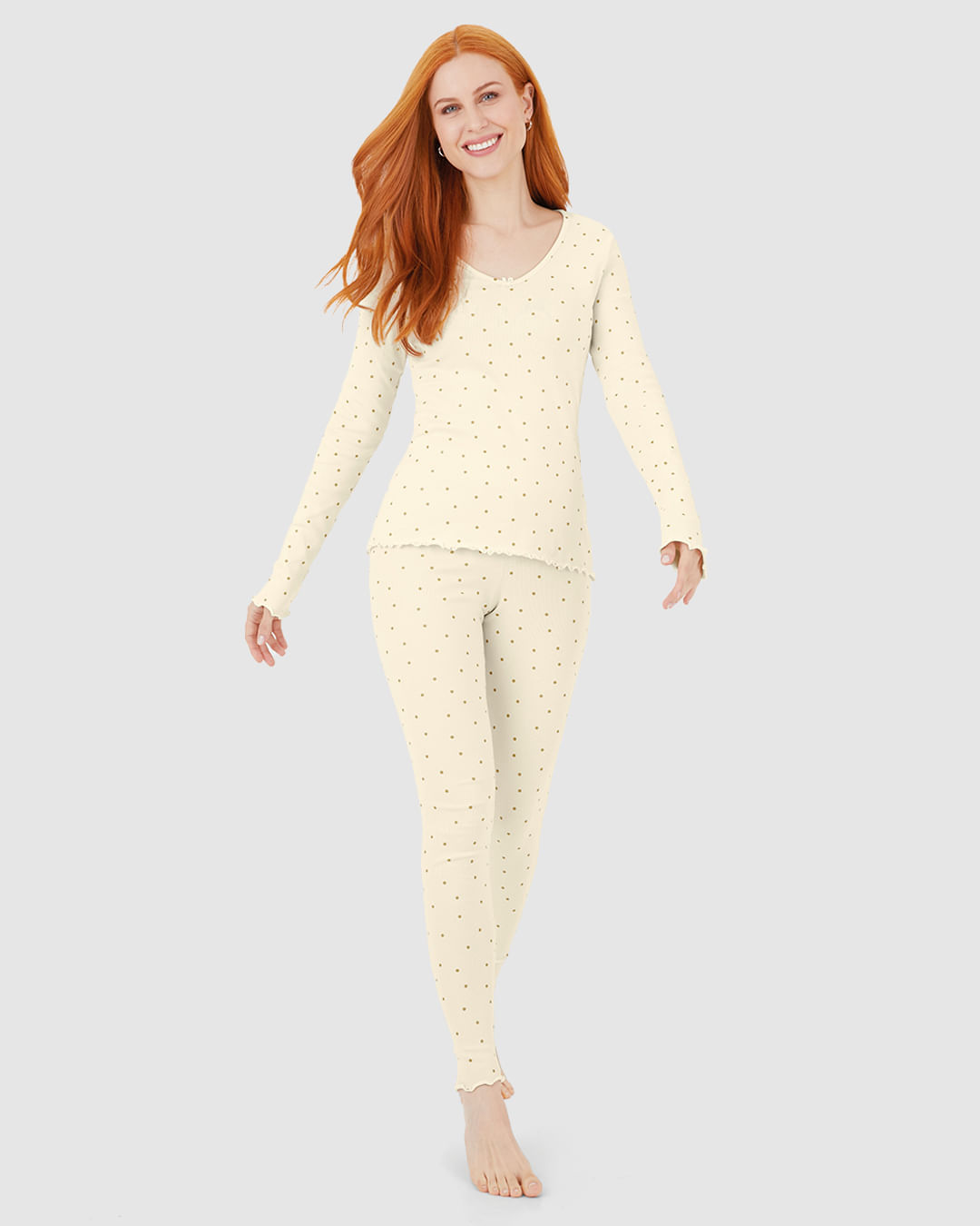 Pijama Feminino Blusa Decote V E Calça Estampada Em Ribana