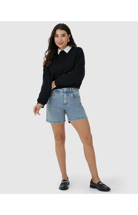 Bermuda Feminina Boyfriend Cintura Média Em Jeans Com Elastano