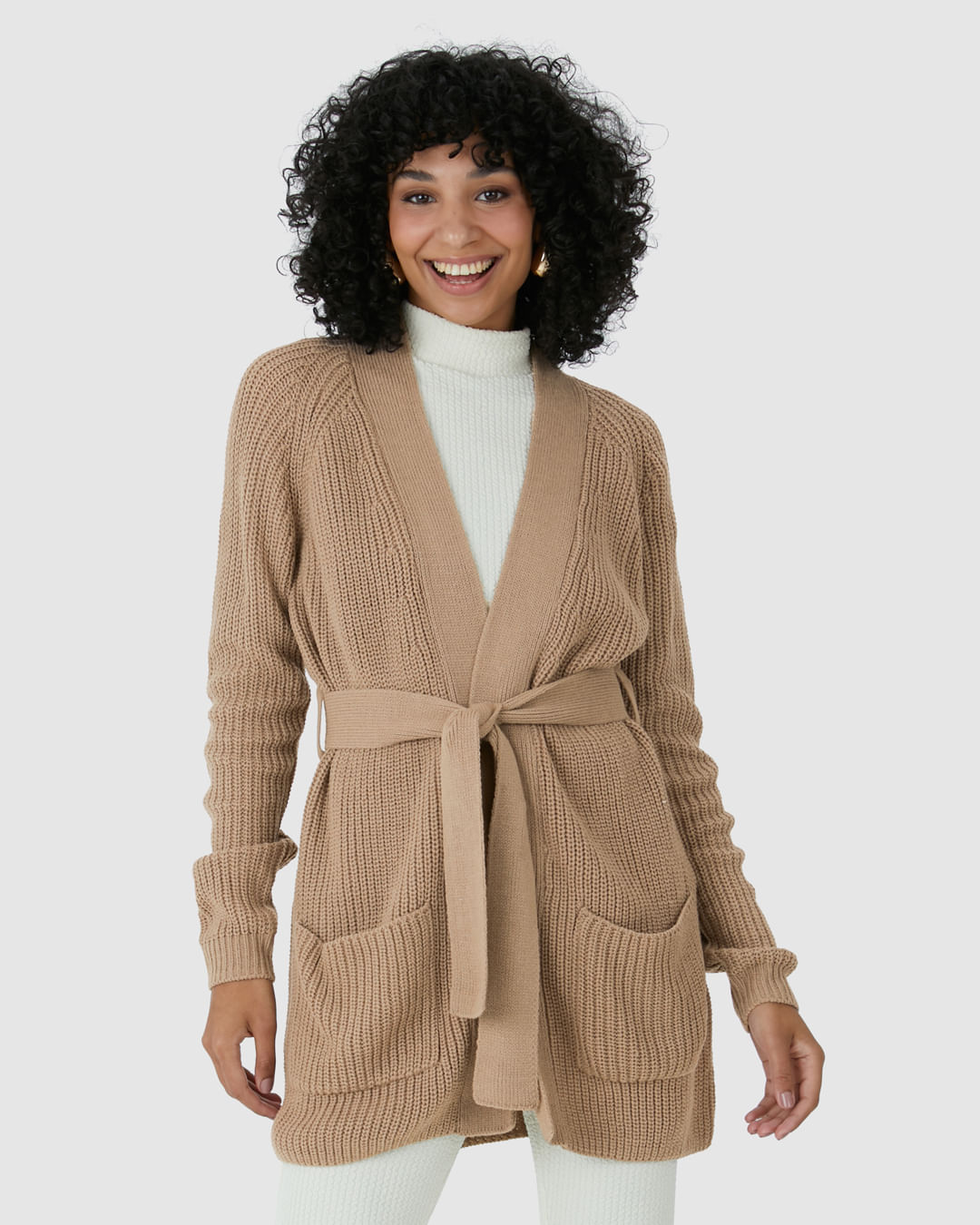 Cardigan Feminino Transpassado Com Cinto Em Tricô - Imagem 9