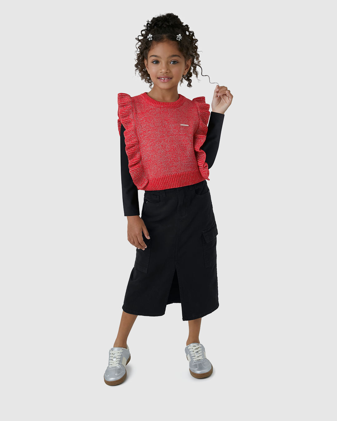 Saia Menina Midi Cargo em Sarja com Elastano - Carinhoso