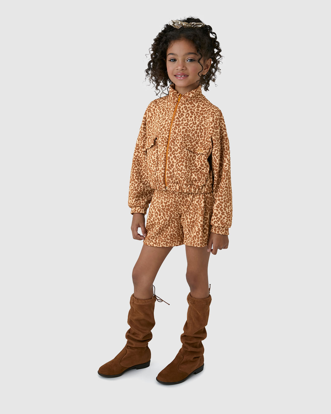 Conjunto Menina Animal Print Jaqueta Bolsos Frontais E Shorts Saia - Carinhoso