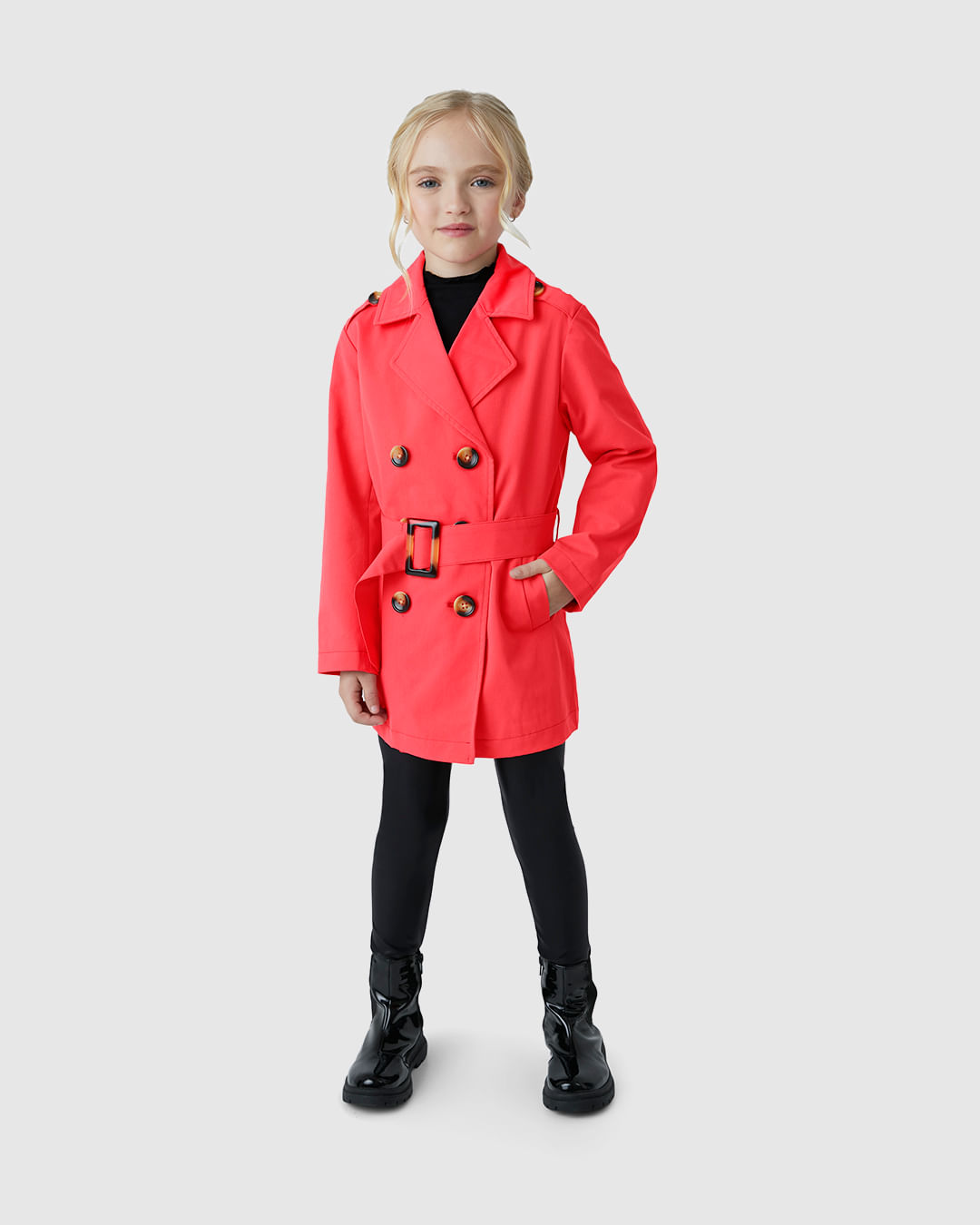 Trench Coat Menina com Cinto em Tecido Alfaiataria - Carinhoso