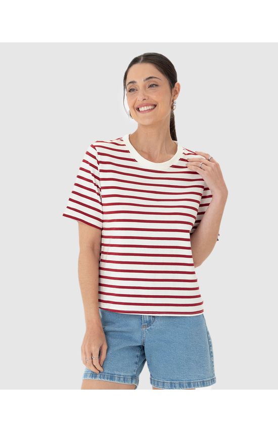 Blusa Feminina Listrada Manga Curta Em Algodão