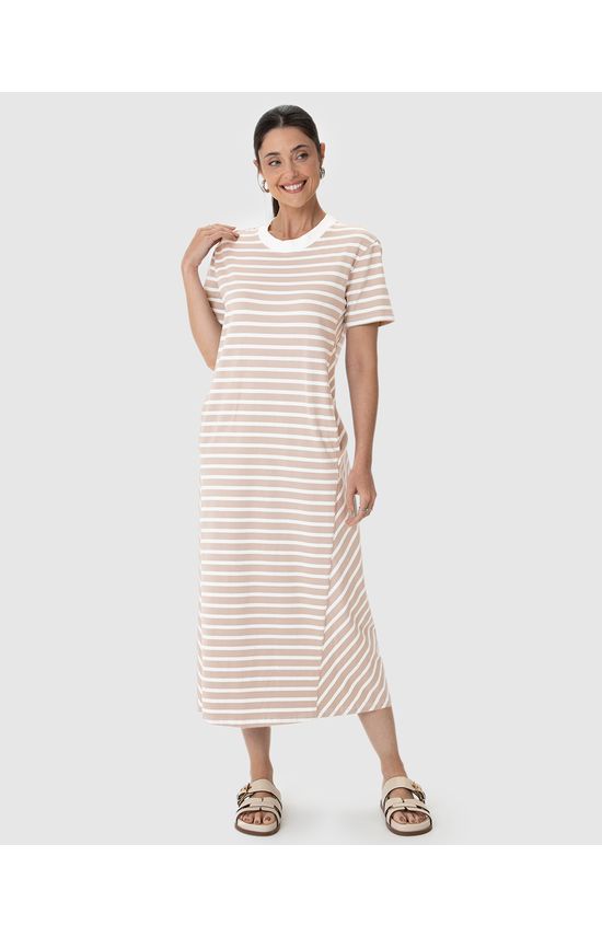 Vestido Midi Feminino Listrado Bolso Funcional Em Malha Algodão