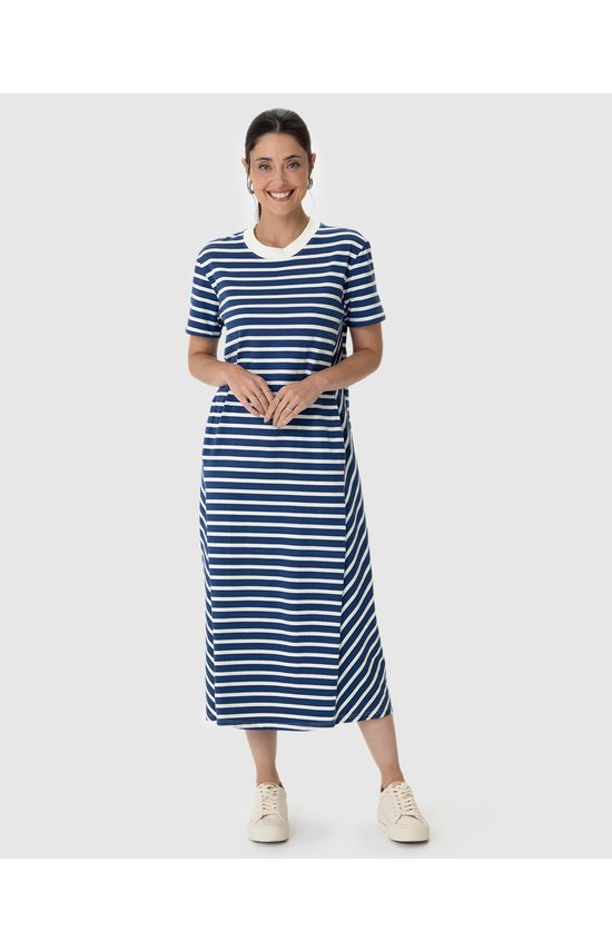 Vestido Midi Feminino Listrado Bolso Funcional Em Malha Algodão