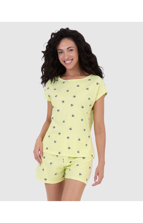 Pijama Curto Feminino Manga Curta Estampado Em Algodão