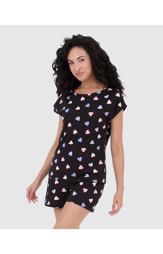 Pijama Curto Feminino Manga Curta Estampado Em Algodão
