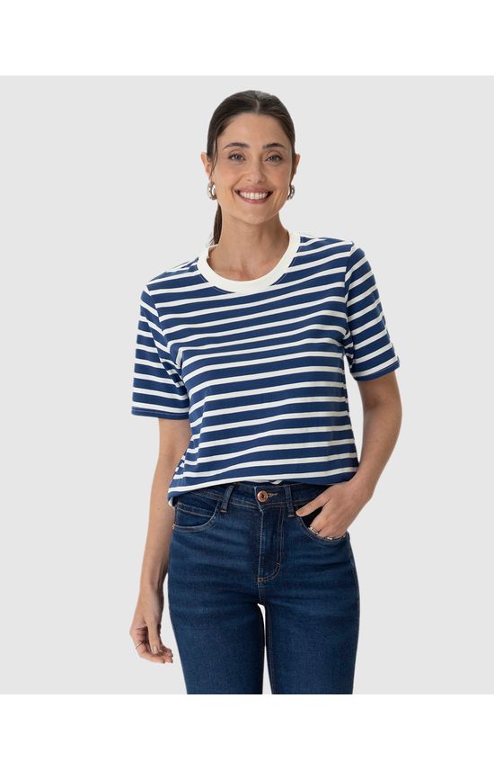 Blusa Feminina Listrada Manga Curta Em Algodão