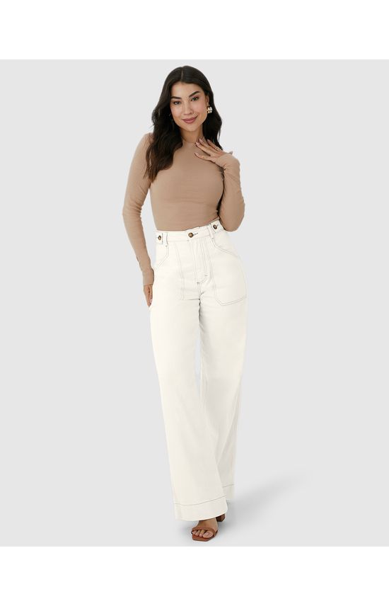 Calça Wide Leg Feminina Costura Contraste Em Sarja Com Elastano