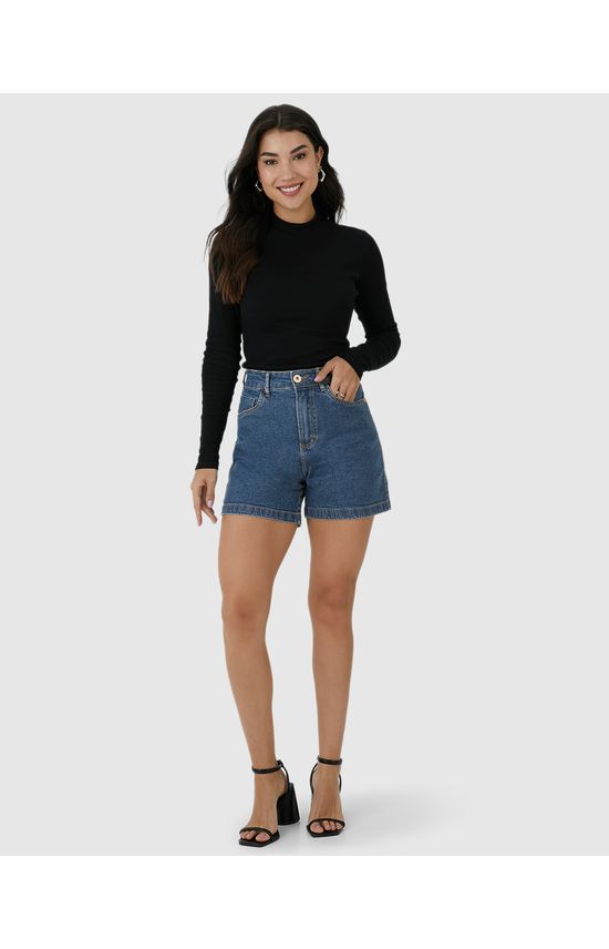 Shorts Feminino Mom Bolso Funcional Em Jeans Com Elastano