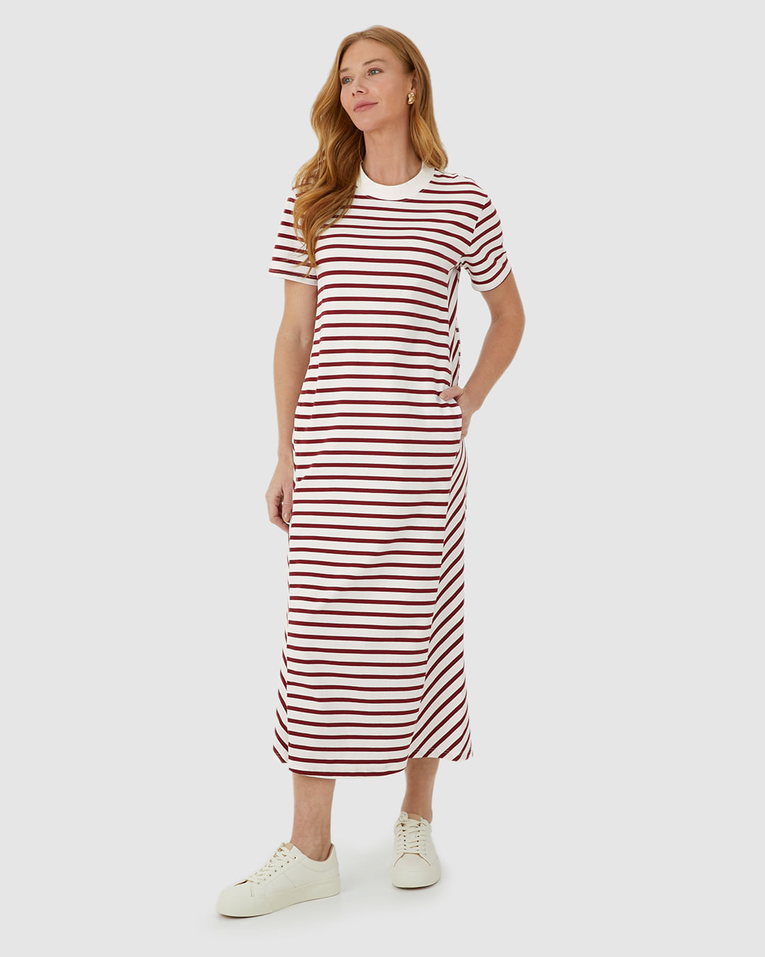 Vestido Midi Feminino Listrado Bolso Funcional Em Malha Algodão