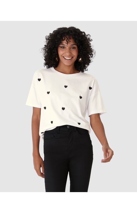 Camiseta Feminina Ampla Bordado Frontal Em Algodão