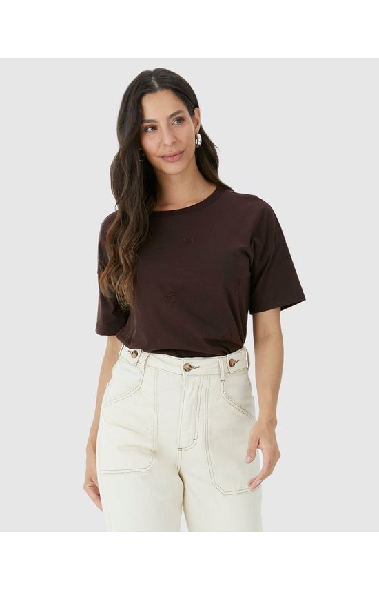Camiseta Feminina Ampla Bordado Frontal Em Algodão