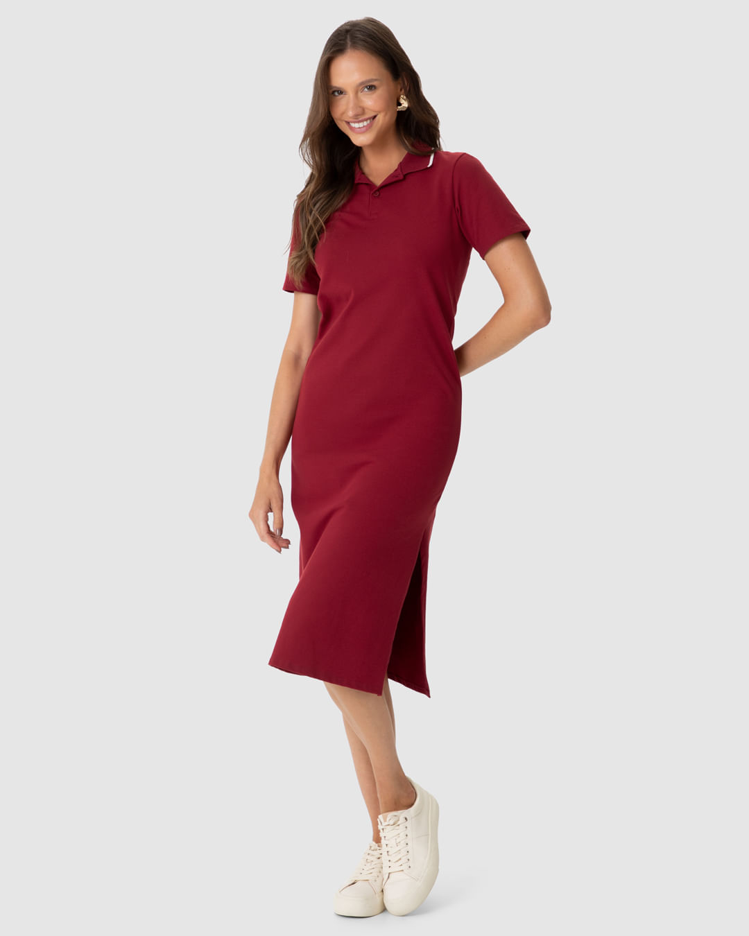 Vestido Midi Feminino Polo Fenda Lateral Em Piquet Stretch