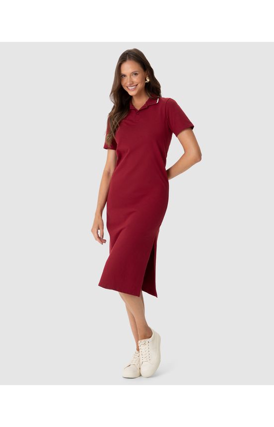 Vestido Midi Feminino Polo Fenda Lateral Em Piquet Stretch
