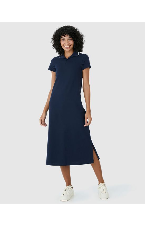 Vestido Midi Feminino Polo Fenda Lateral Em Piquet Stretch