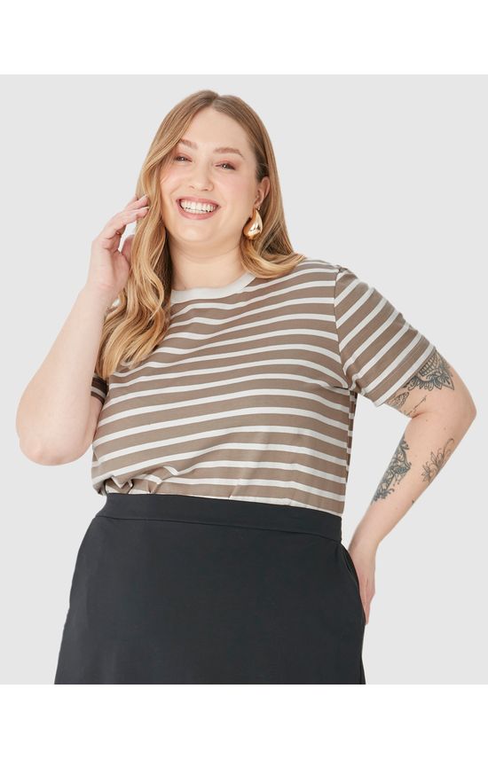 Camiseta Feminina Plus Size Listrada Em Algodão