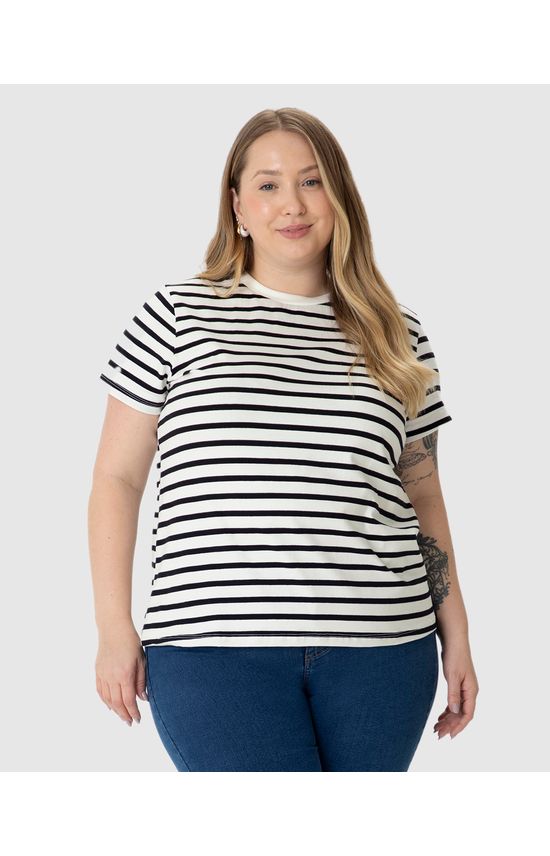Camiseta Feminina Plus Size Listrada Em Algodão