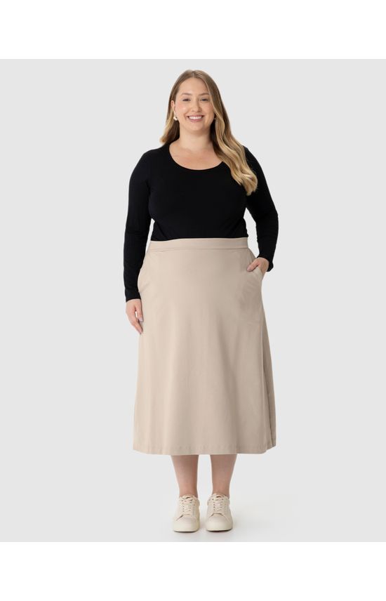 Saia Midi Feminina Plus Size Evasê Bolso Faca Em Moletom Stretch