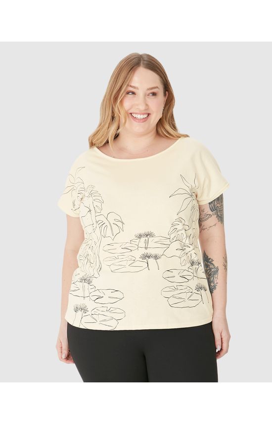 Blusa Feminina Plus Size Estampa Folhagem Em Algodão