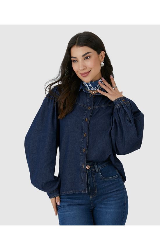 Camisa Feminina Manga Longa Com Pregas Em Jeans 100% Algodão