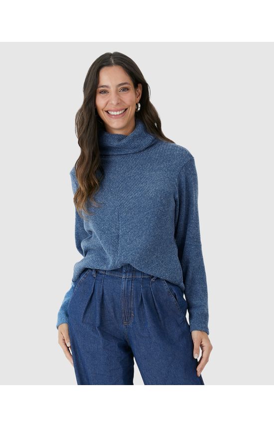 Blusa Ampla Feminina Gola Alta Em Tricô Rajado Flanelado
