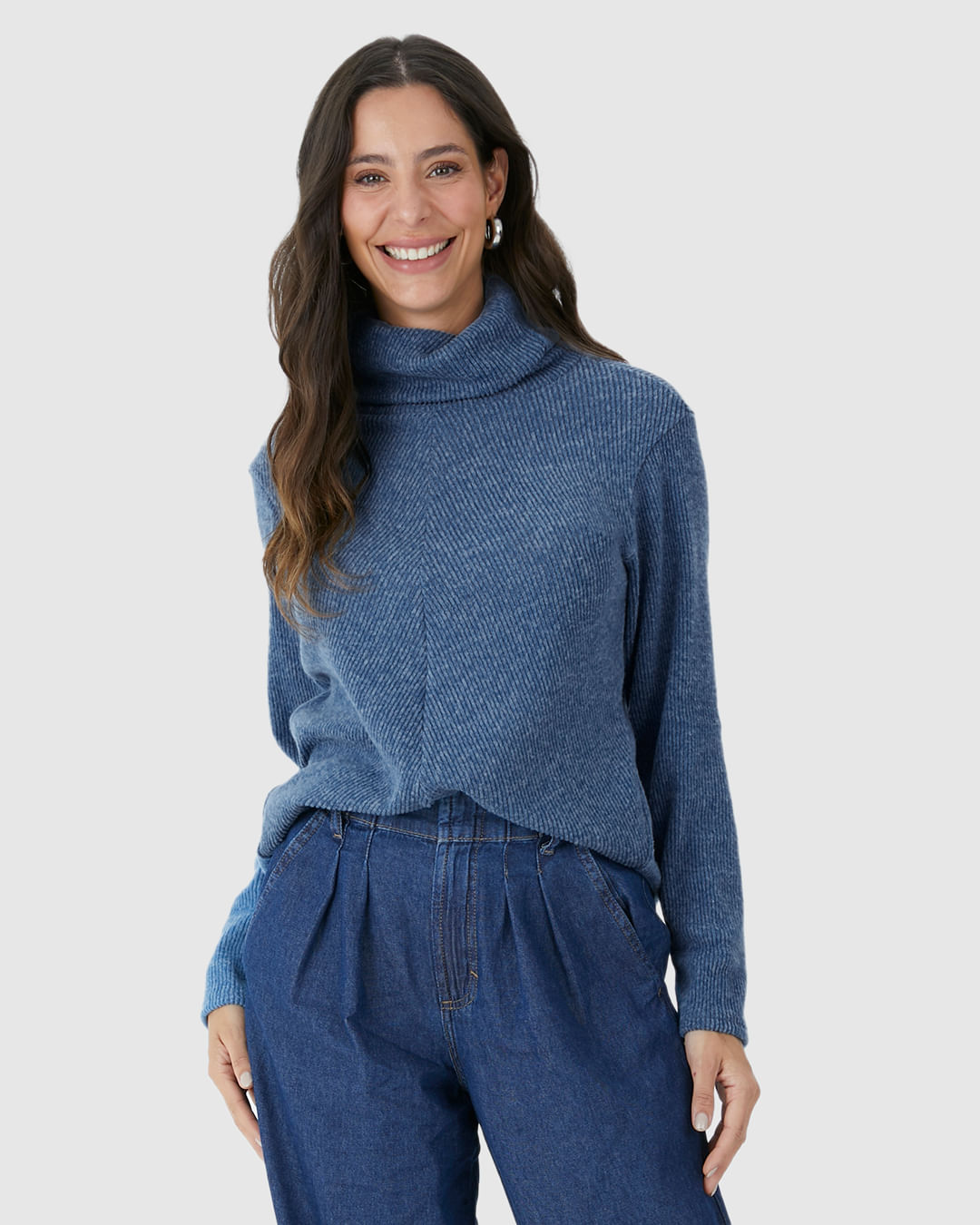 Blusa Ampla Feminina Gola Alta Em Tricô Rajado Flanelado - Imagem 6