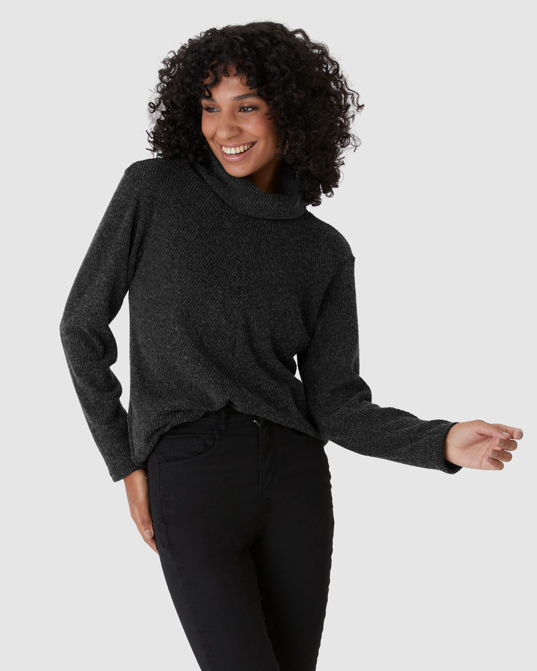 Blusa Ampla Feminina Gola Alta em Tricô Rajado Flanelado