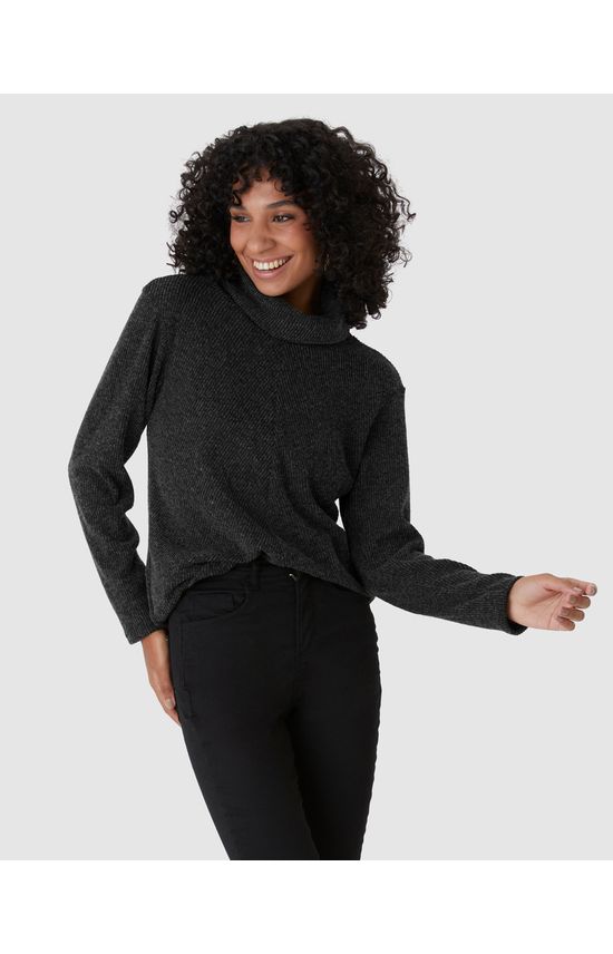 Blusa Ampla Feminina Gola Alta Em Tricô Rajado Flanelado