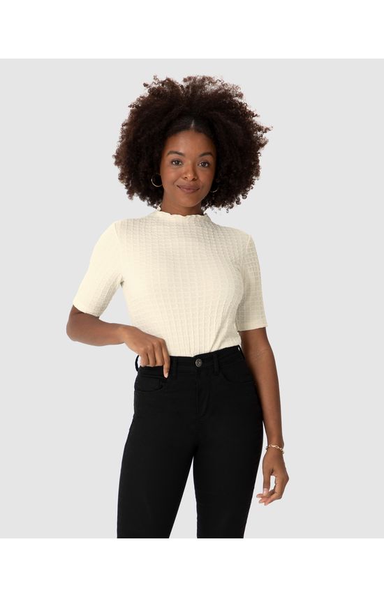 Blusa Feminina Gola Alta Manga Curta Em Jacquard Texturizado