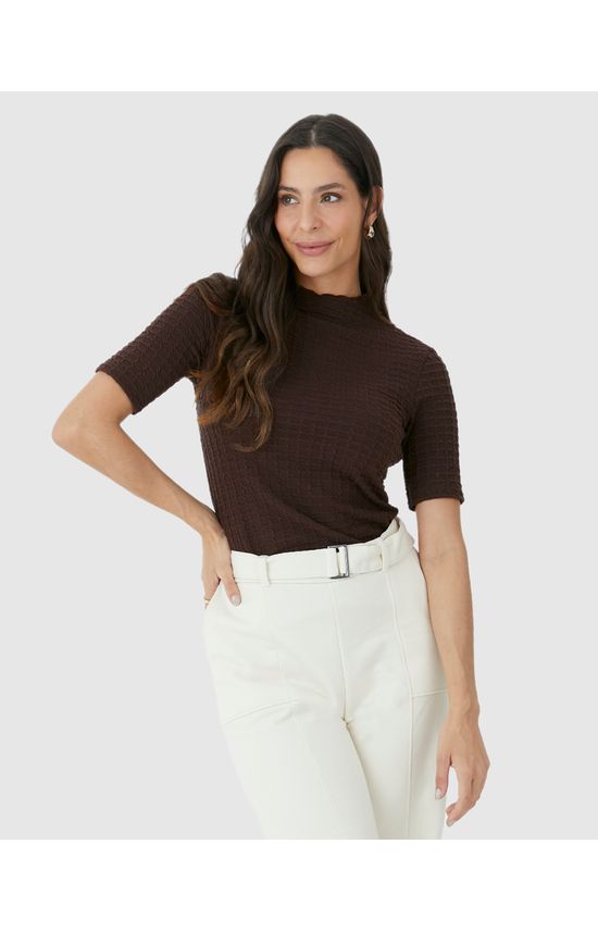 Blusa Feminina Gola Alta Manga Curta Em Jacquard Texturizado