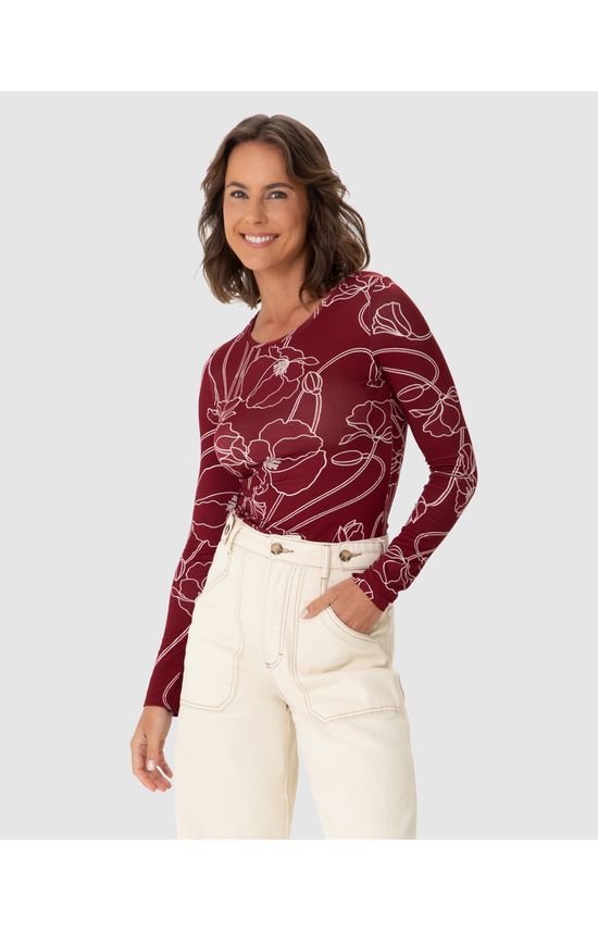 Blusa Feminina Estampada Decote Redondo Manga Longa Em Viscose Stretch