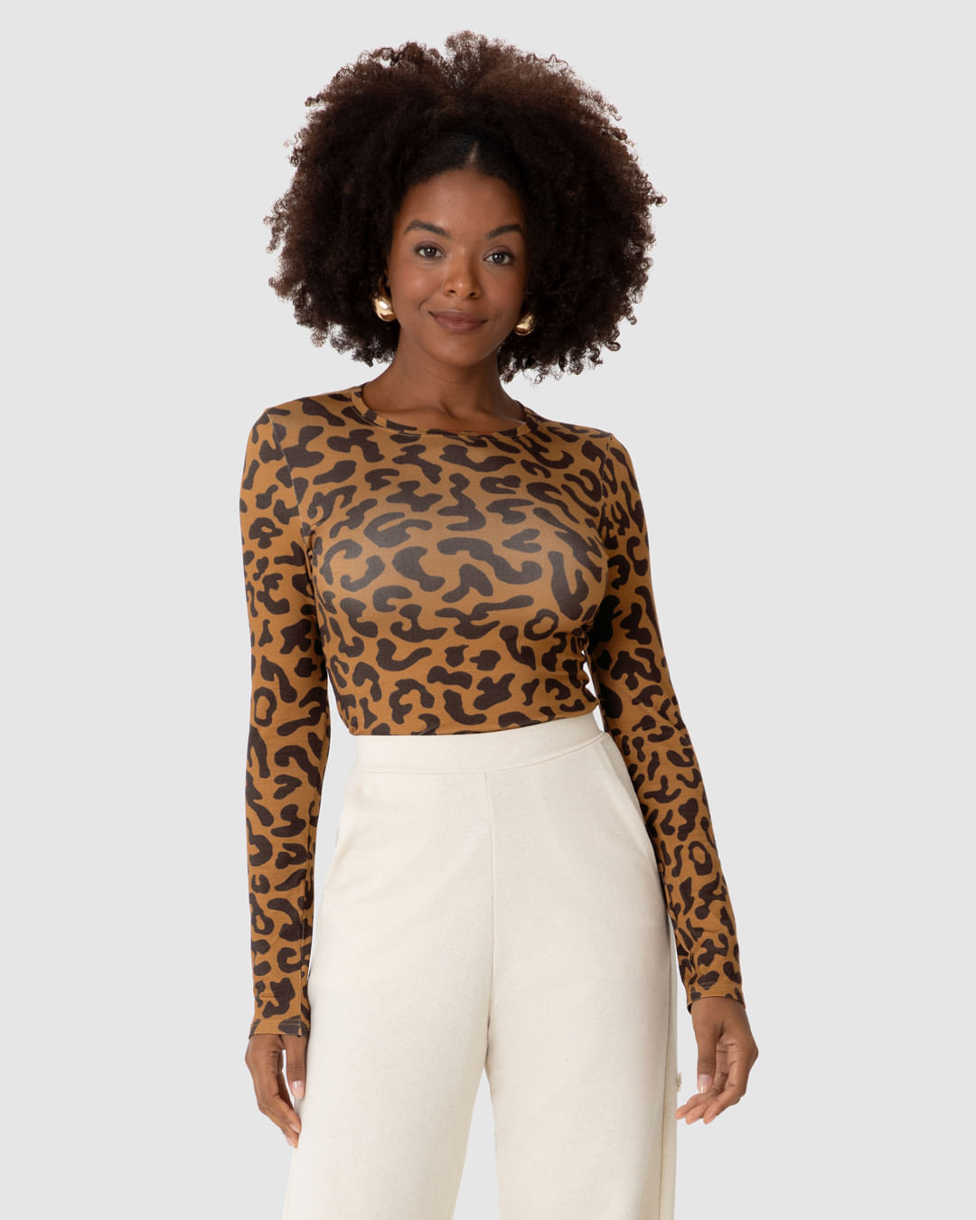 Blusa Feminina Animal Print Decote Redondo Manga Longa Em Viscose Stretch