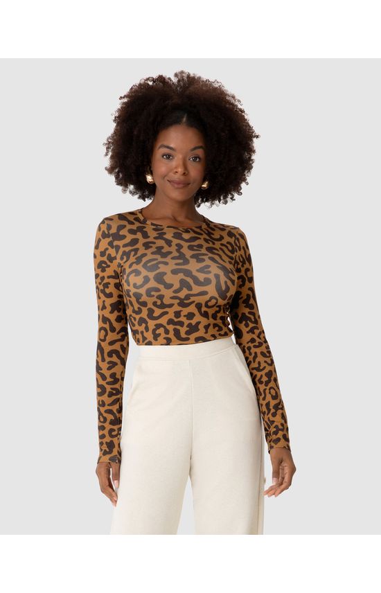 Blusa Feminina Animal Print Decote Redondo Manga Longa Em Viscose Stretch