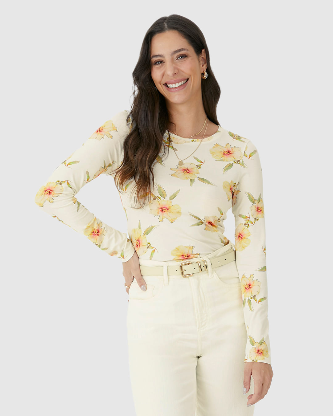 Blusa Feminina Estampada Decote Redondo Manga Longa Em Viscose Stretch