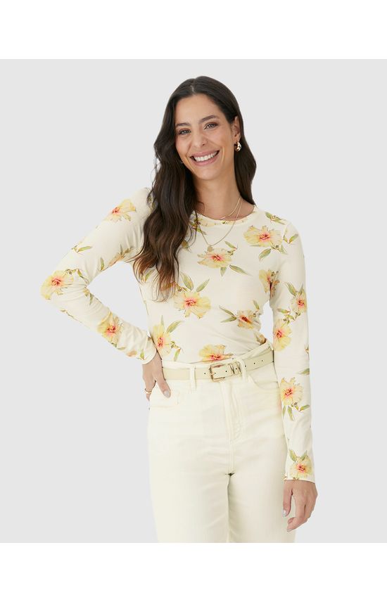 Blusa Feminina Estampada Decote Redondo Manga Longa Em Viscose Stretch