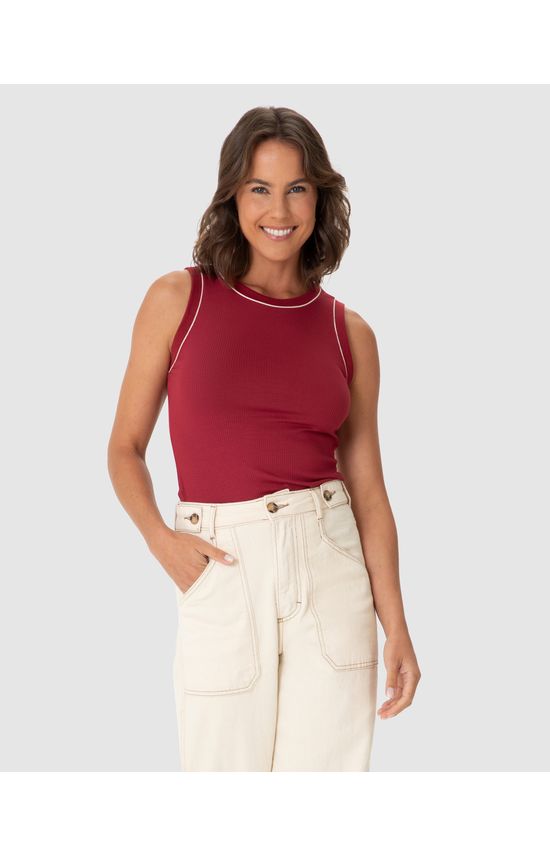 Regata Feminina Costura Contraste Em Malha Viscose Canelada