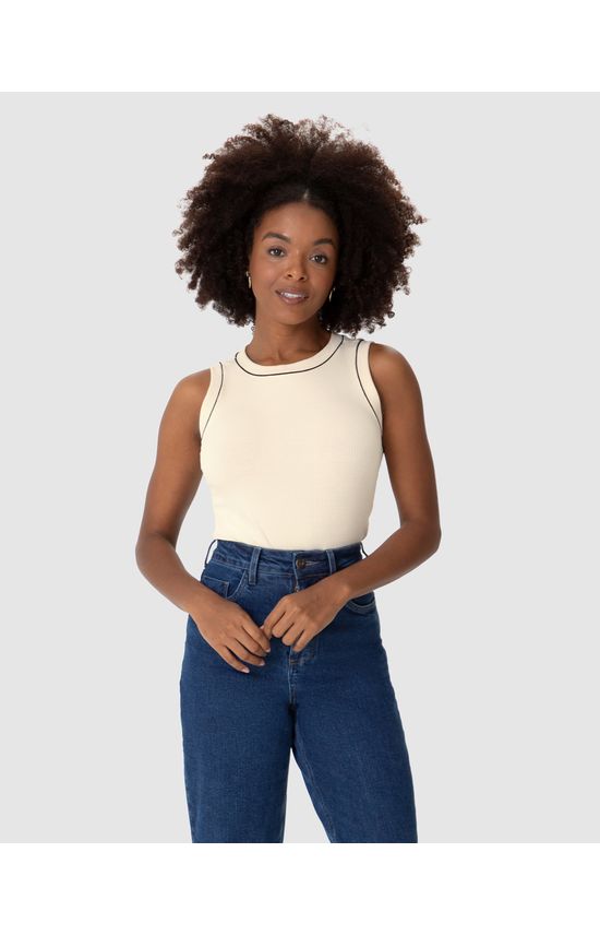 Regata Feminina Costura Contraste Em Malha Viscose Canelada