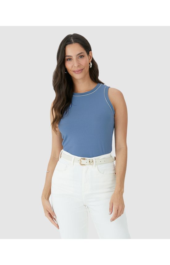 Regata Feminina Costura Contraste Em Malha Viscose Canelada