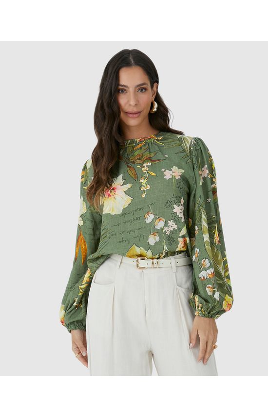 Blusa Ampla Feminina Floral Manga Longa Bufante Em Viscolinho