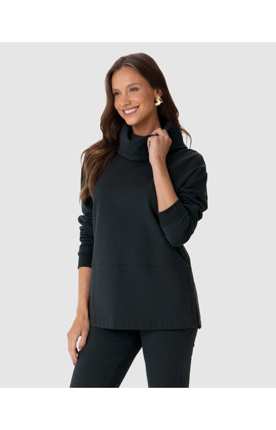 Blusão Feminino Alongado Fenda Lateral Em Moletom Stretch Flanelado