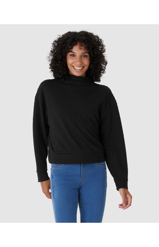 Blusão Amplo Feminino Gola Alta Em Jacquard Texturizado