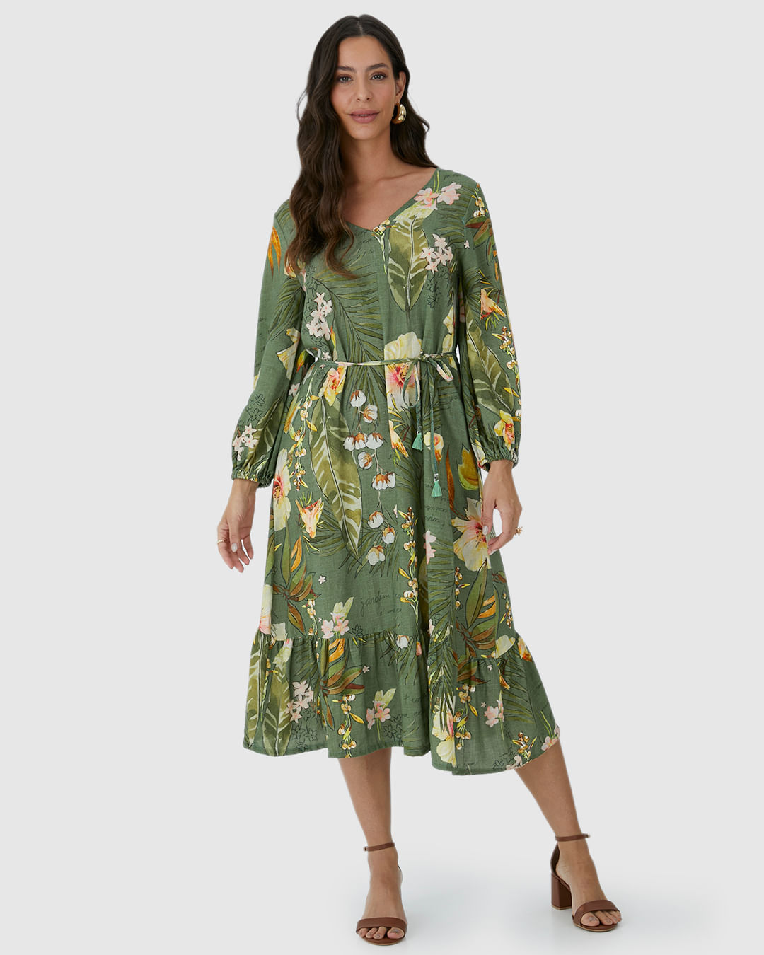 Vestido Midi Feminino Amplo Manga 7/8 Em Viscolinho